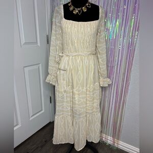 Cream Patterned Long Sleeve Maxi Dress Elegant Boho Style Lightweight Material